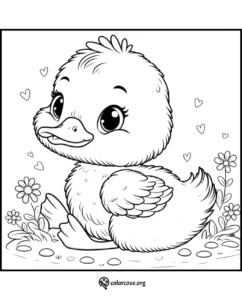 Cute duckling coloring page for kids featuring hearts and flowers in the background. Perfect for children to color and enjoy!