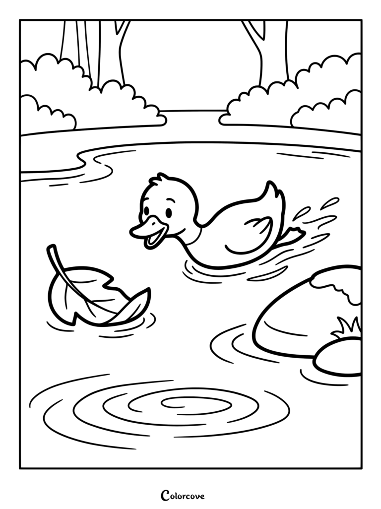 A happy duck swimming in a pond near a floating leaf coloring page