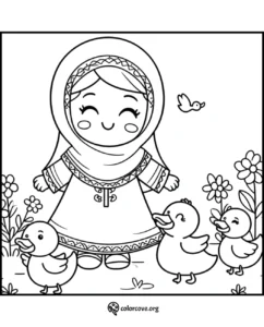 Colouring page featuring a smiling girl in traditional dress with ducks and flowers around her. Fun and educational activity.