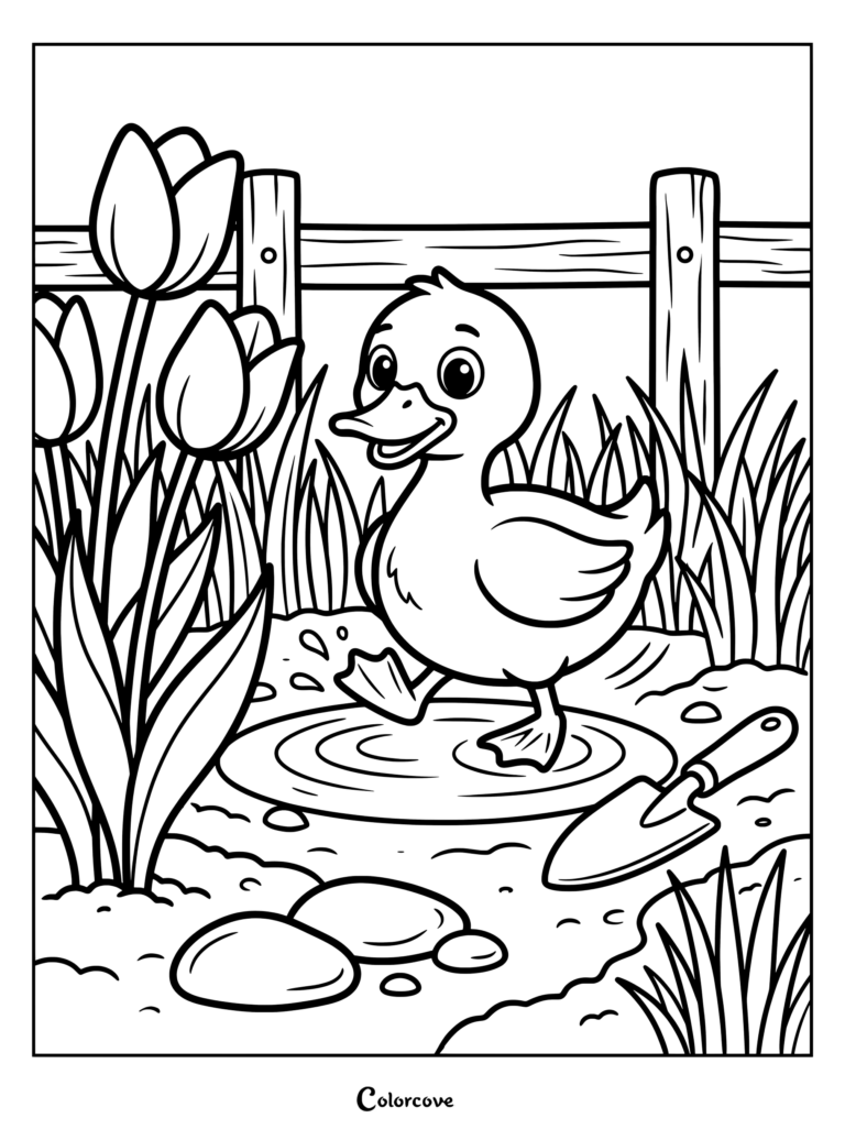 A friendly little duck splashing in a garden puddle near tulips and a trowel coloring page