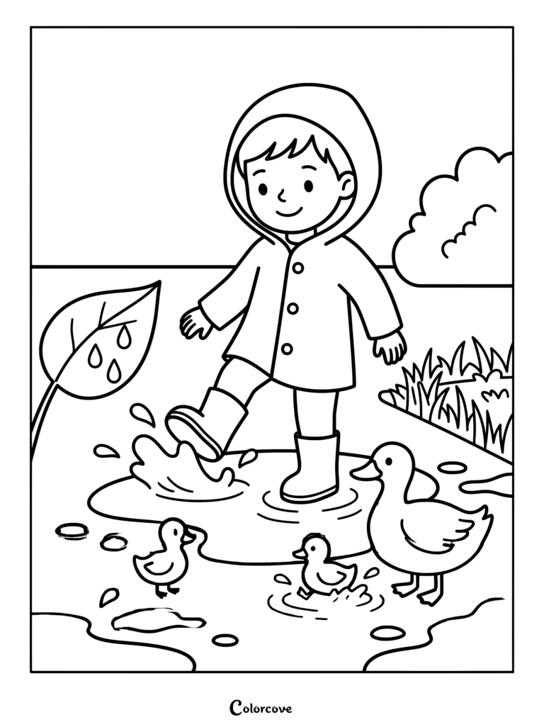 A smiling boy in a raincoat splashes in a puddle with a mother duck and ducklings in this printable duck coloring page.