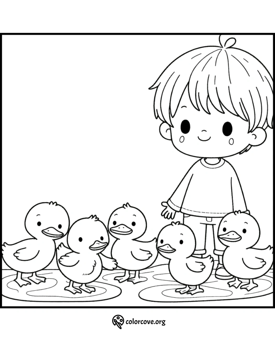 a cartoon of a boy with a group of ducks