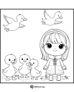Cute coloring page of a girl in a coat with four ducklings and two ducks flying above. Great for kids' activities.
