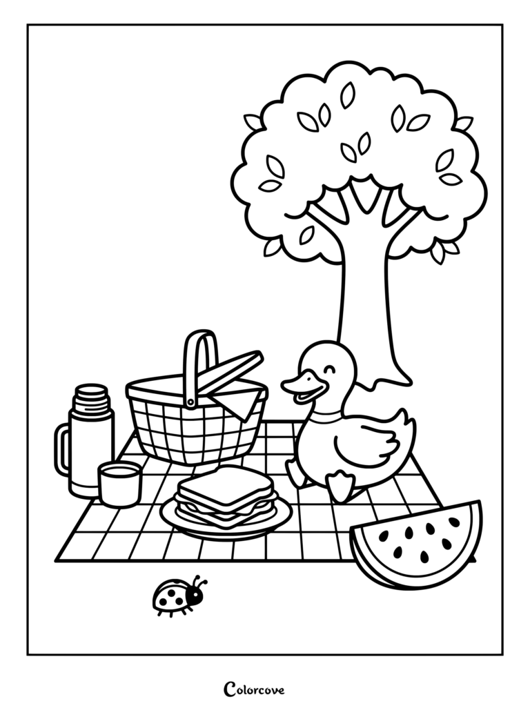 A friendly duck enjoying a picnic with a basket and watermelon in this cute duck coloring page.