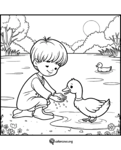 Child feeding a duck at a lake coloring page. Nature scene with trees, flowers, and ducks. Ideal for kids' coloring fun.