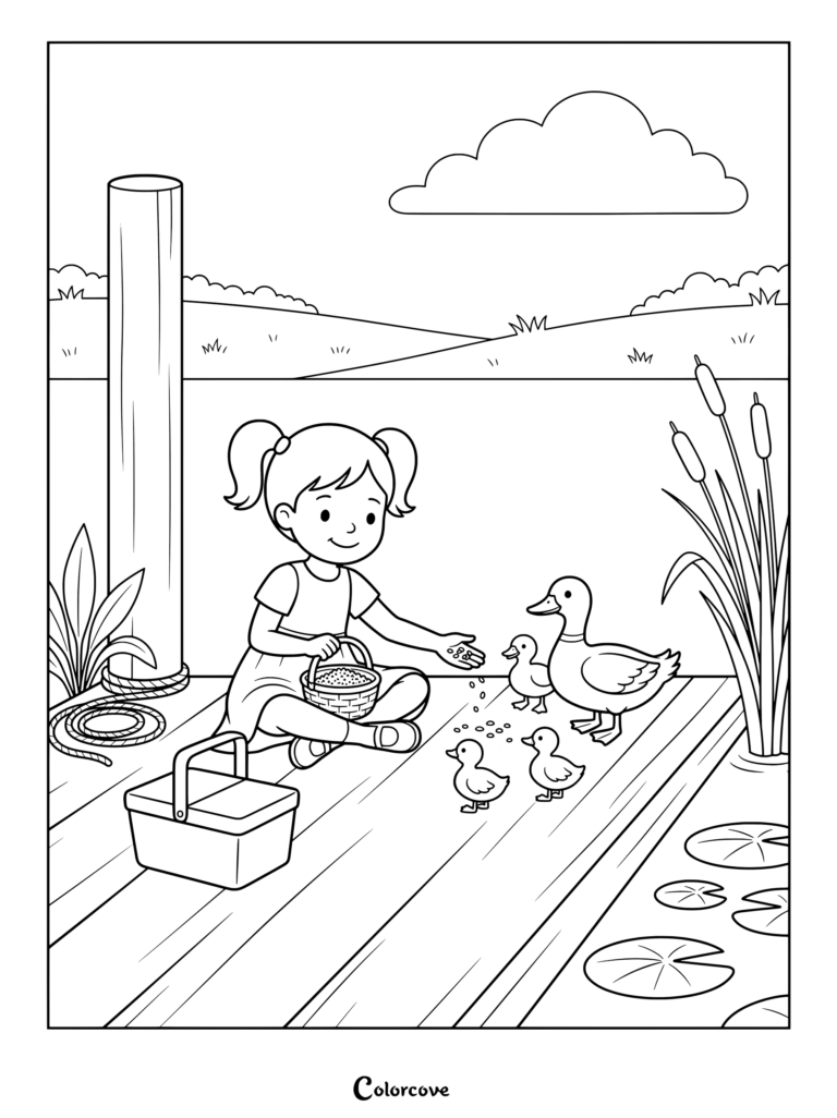 A young girl sitting on a dock feeding seeds to an adult duck and three ducklings in this printable coloring page.