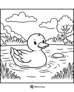 Cute duck swimming in a pond coloring page for kids. Printable and free to download. Ideal for children’s activities.