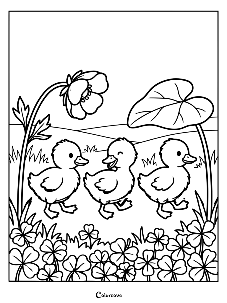 Three cute ducklings walking through a field of clovers under a large leaf and flower coloring page