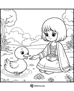 Girl feeding a cute duck near a pond - coloring page for kids. Fun and educational printable coloring activity.
