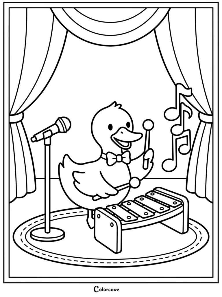 A smiling duck wearing a bowtie plays a xylophone on a stage with a microphone and musical notes in this printable coloring page.