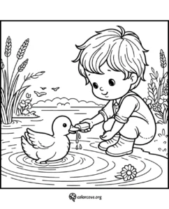 Coloring page featuring a cute child feeding a duck by a pond, surrounded by nature and blooming flowers.