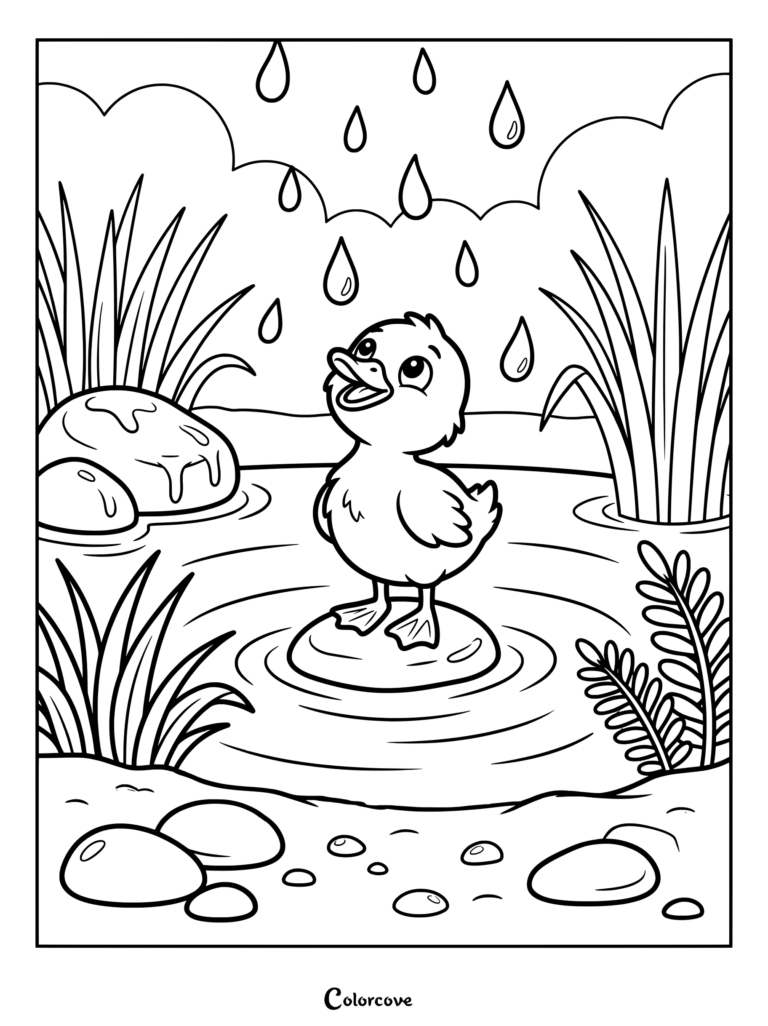 A cute duck standing on a small rock in a pond while raindrops fall around it, illustrated as a printable coloring page.