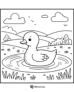 Duck coloring page with a cute duckling swimming in a pond, surrounded by a scenic hillside landscape.
