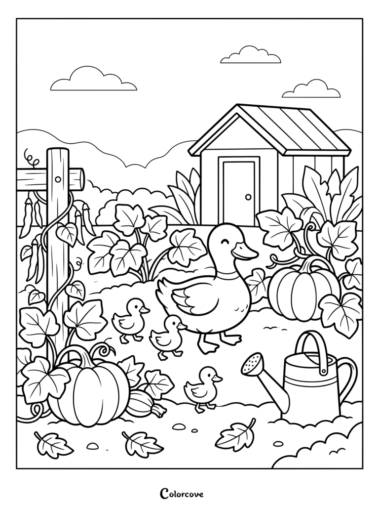 A mother duck and three ducklings exploring a farm garden with pumpkins, a shed, and a watering can in a coloring page.