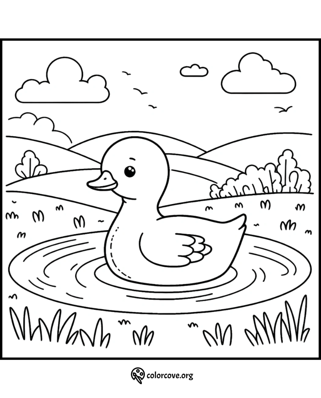 a black and white drawing of a duck in a pond