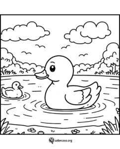 Cute duck and duckling in pond coloring page with clouds and trees in the background. Fun for kids to color.