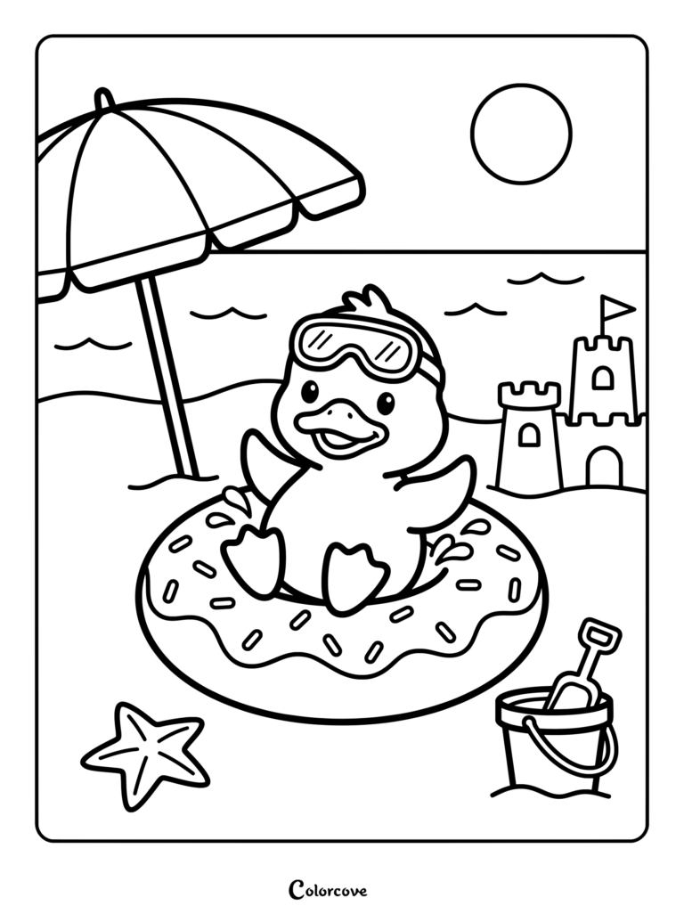 A cute duck wearing swim goggles relaxes in a donut floatie in this summer beach coloring page.