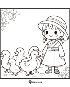 Coloring page of a happy child with ducks, wearing a hat and traditional dress. Flowers in the background.