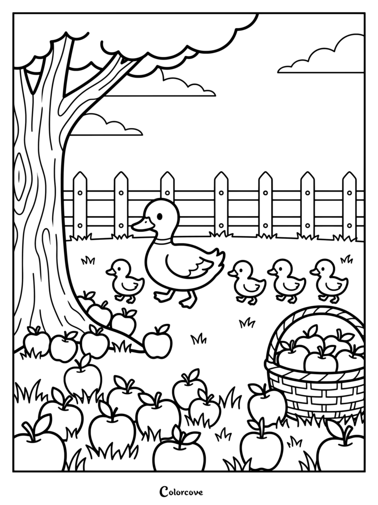 A mother duck leading four ducklings through an apple orchard near a wooden fence for a coloring page.