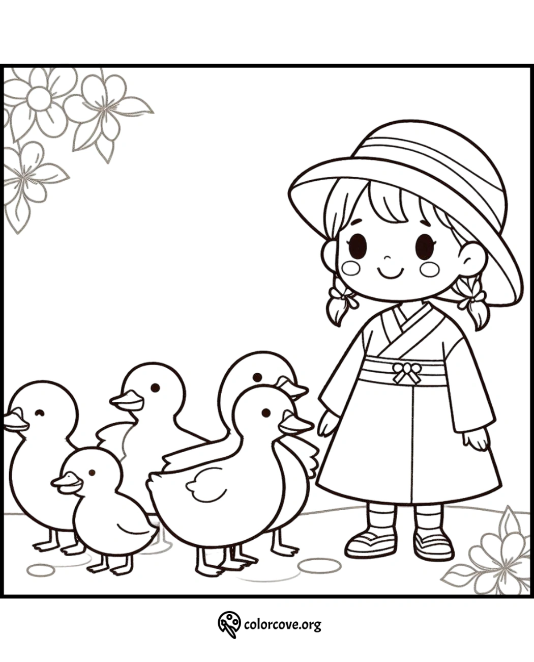 a cartoon of a girl and ducks