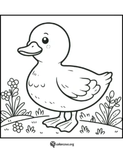 Cute duckling coloring page with flowers and grass, perfect for kids to color and enjoy. Download and print for free.