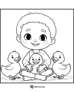 Coloring page of a happy child sitting with three adorable ducklings, ready to be colored with creative imagination.