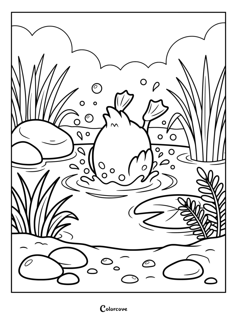 Duck diving headfirst into a pond with splashes, bubbles, and tall reeds in a coloring page.