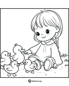 Coloring page of a cute girl with braids sitting and playing with five ducklings. Download free printable at colorcove.org.