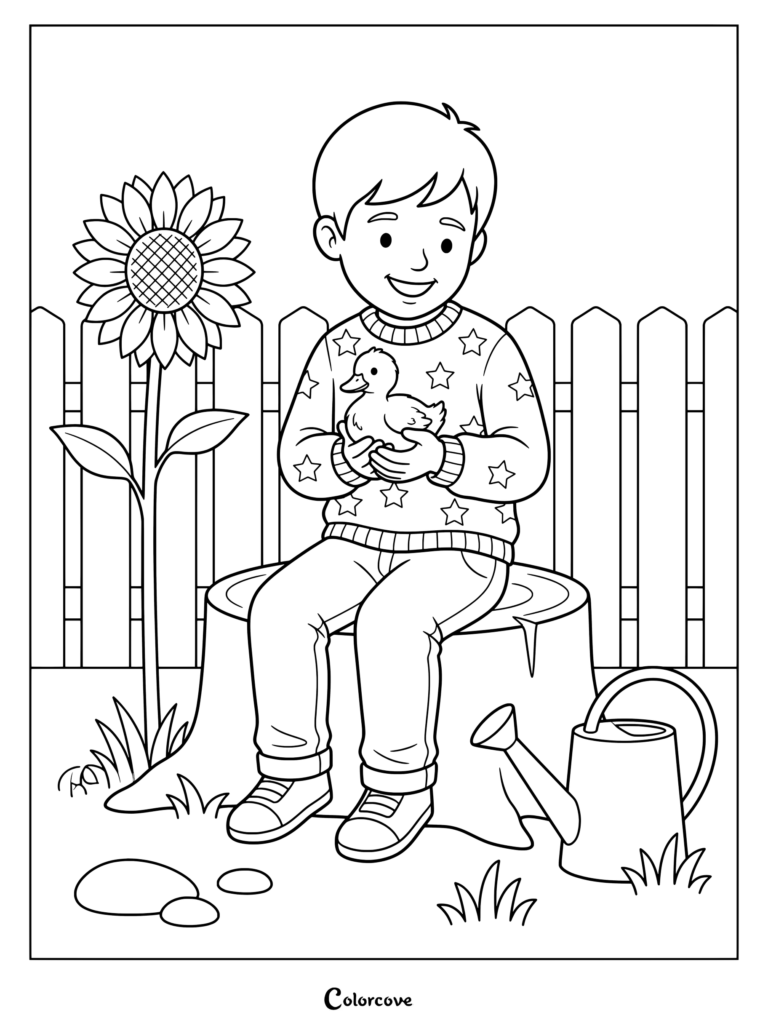 A printable coloring page featuring a smiling boy sitting on a tree stump, holding a small duck near a sunflower.