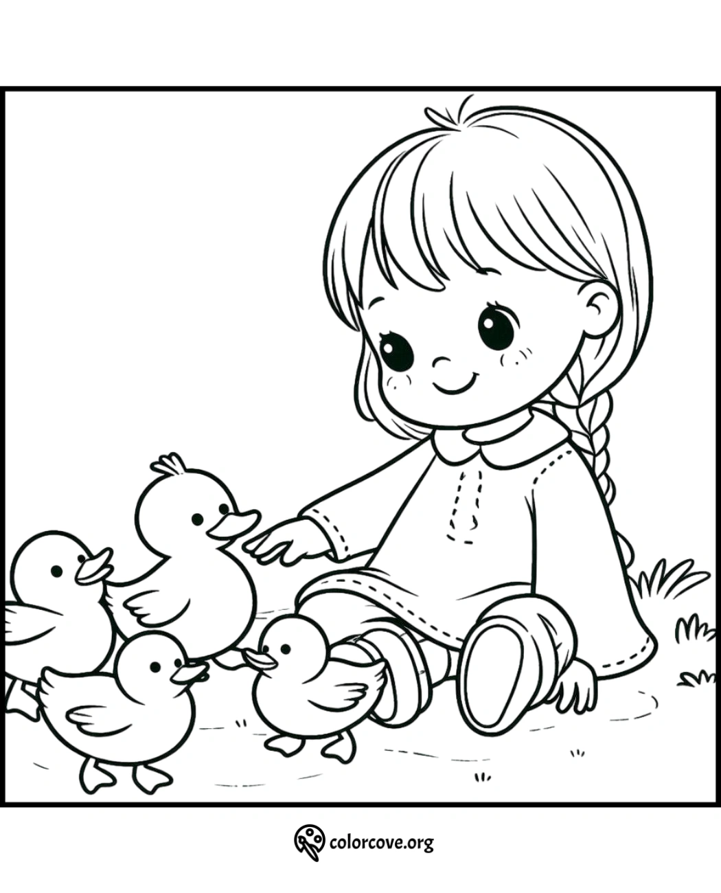 a cartoon of a girl and several ducks