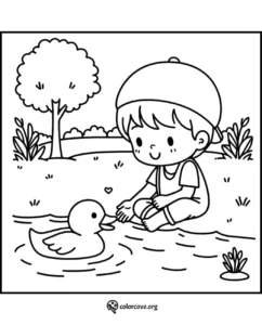 Boy playing with duck in a pond coloring page, nature scene with tree and plants, kid-friendly activity at colorcove.org.