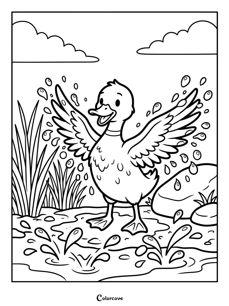 A happy duck splashing water in a muddy puddle coloring page