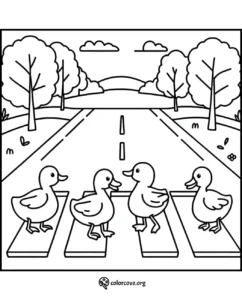 Ducks crossing a road coloring page. Four ducks on a pedestrian crossing with trees and clouds in the background.