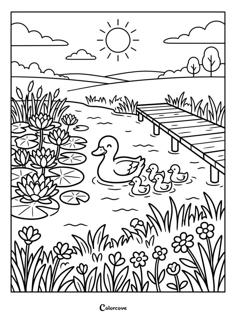 A printable coloring page featuring a mother duck and four cute ducklings swimming near a wooden dock and water lilies on a sunny day.