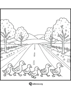 Ducklings crossing road coloring page with scenic countryside, trees, and hills. Perfect for kids' creative coloring fun.