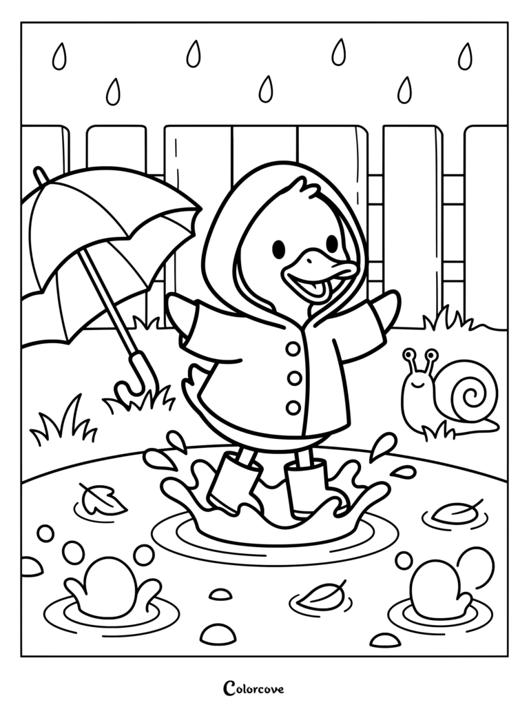 Duck in a yellow raincoat jumping in a puddle with an umbrella and a snail coloring page