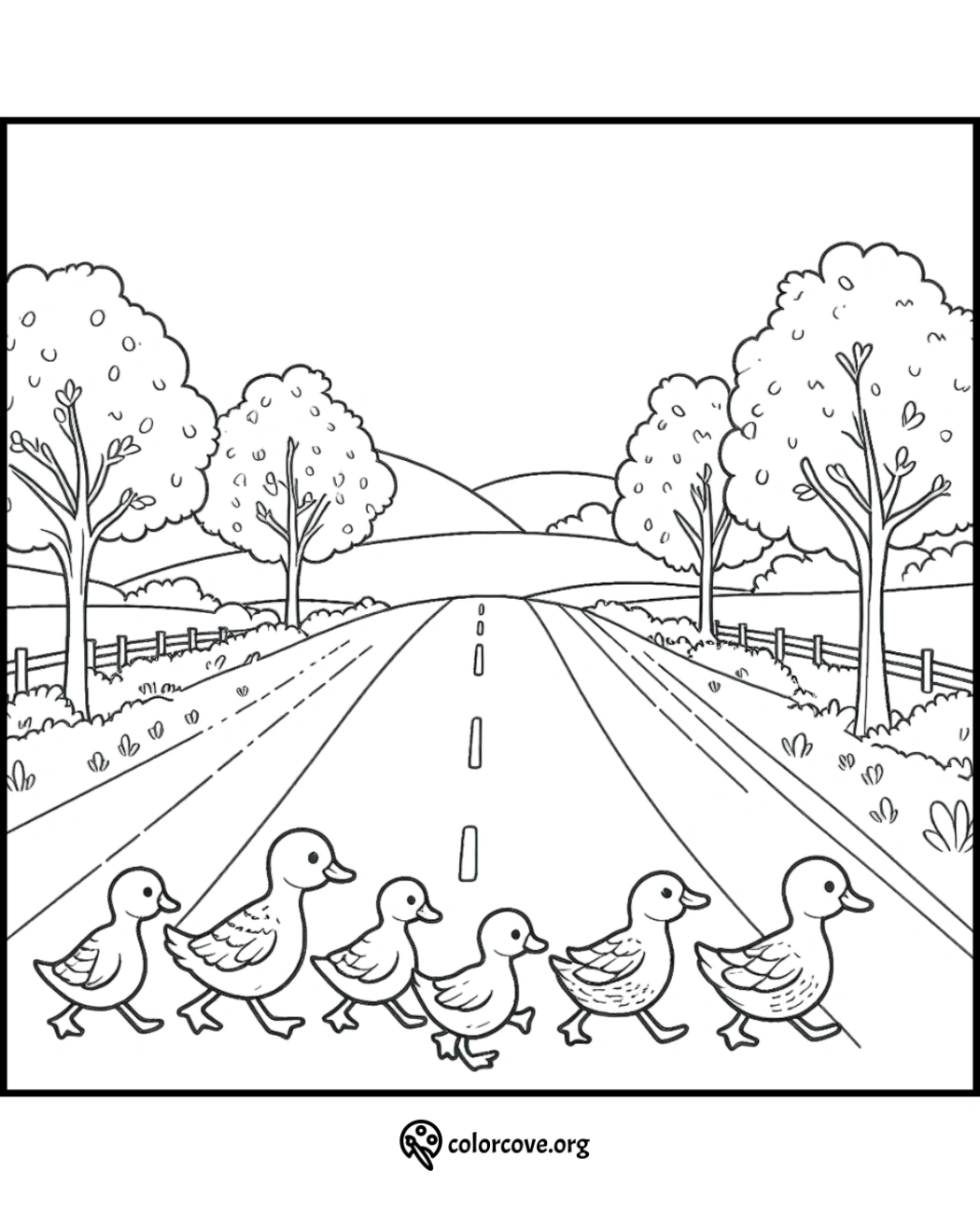 a line of ducks walking on a road