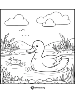 Duck and duckling swimming in a pond coloring page. Nature scenery with clouds, hills, and water plants.