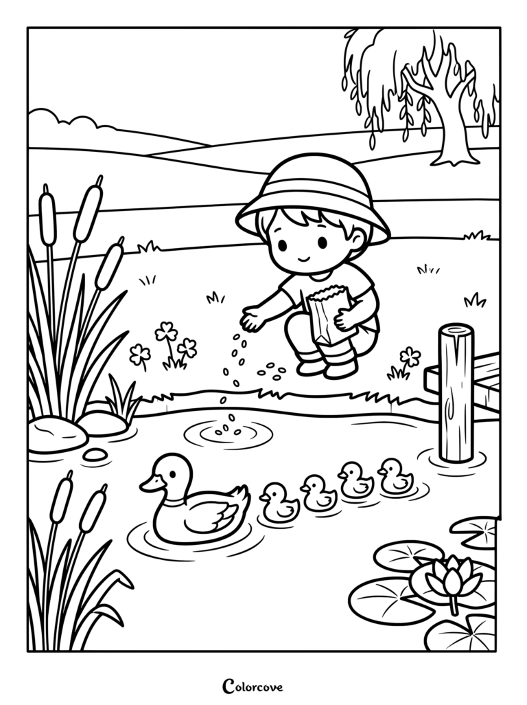 A child in a sun hat feeding seeds to a mother duck and her ducklings in this duck coloring page.