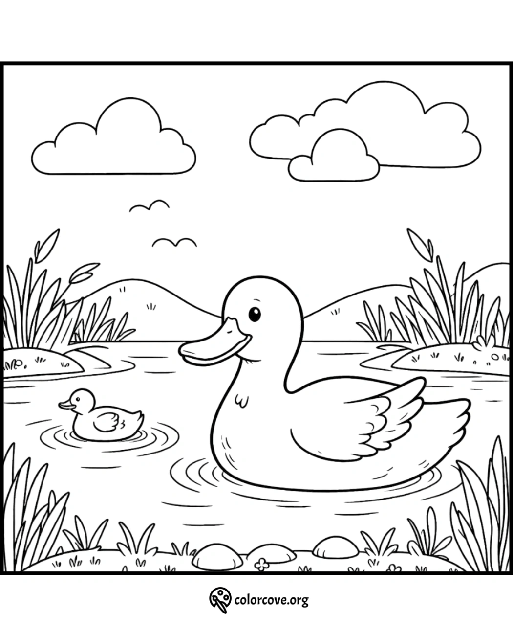 a coloring page of a duck and duckling