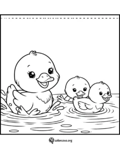 Coloring page of a mother duck and two ducklings swimming in water. Perfect for kids' activities and learning.