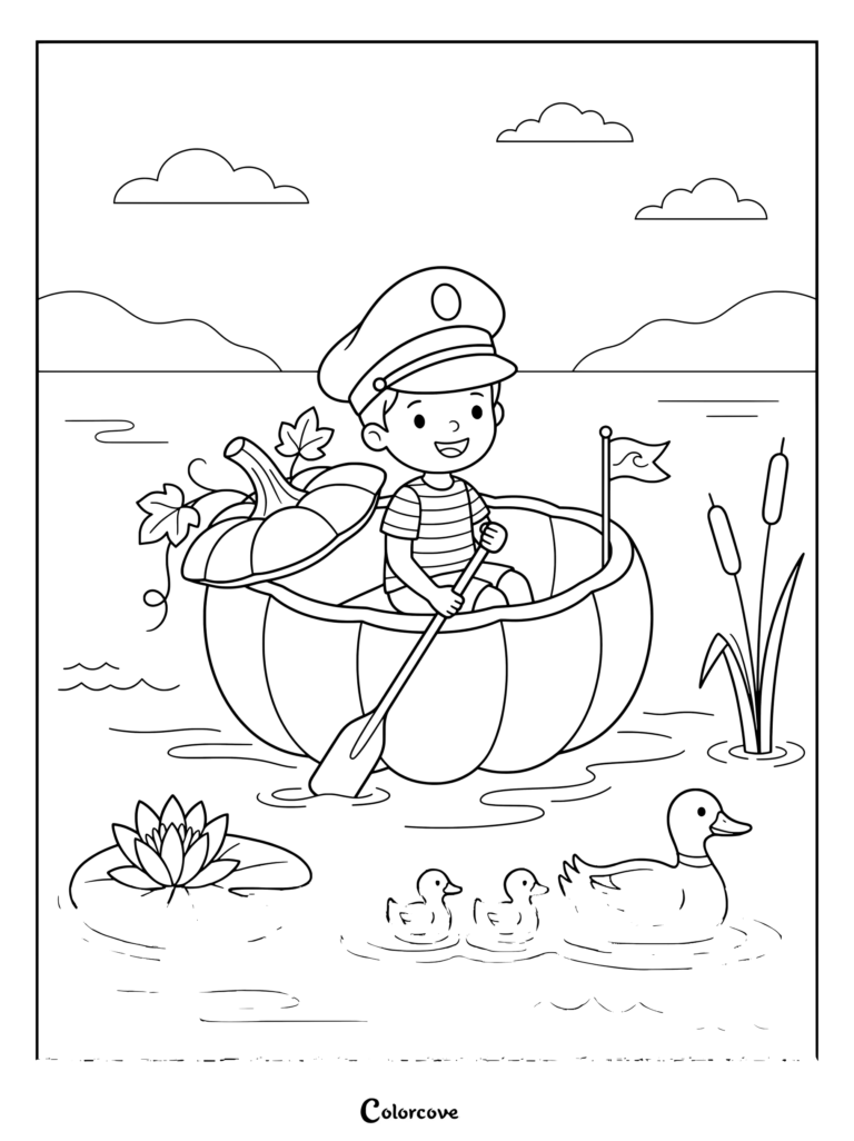 A boy wearing a captain hat paddles a carved pumpkin boat past a mother duck and ducklings swimming in a pond, ready for coloring page fun.