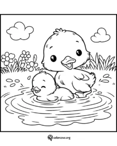 Coloring page with two cute ducklings playing in a pond, surrounded by flowers and clouds in a charming nature scene.