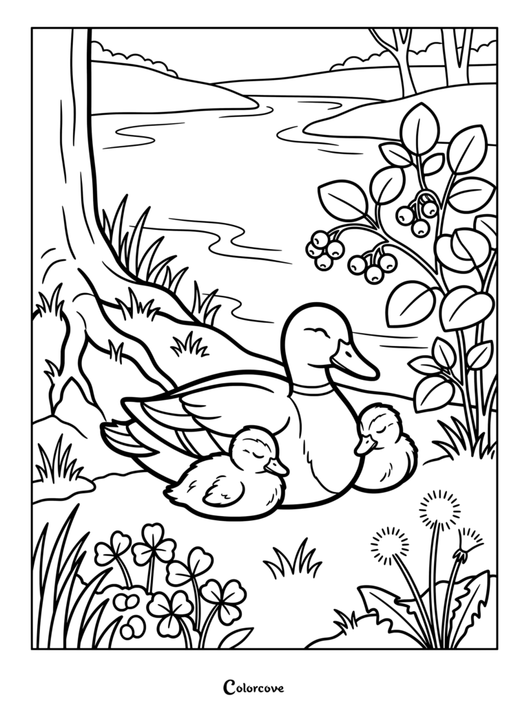 Mother duck resting with two ducklings by a riverbank coloring page