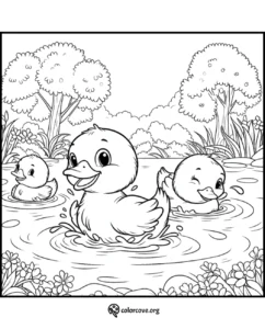 Cute ducklings playing in a pond coloring page for kids, featuring cartoon ducks and a serene nature background.