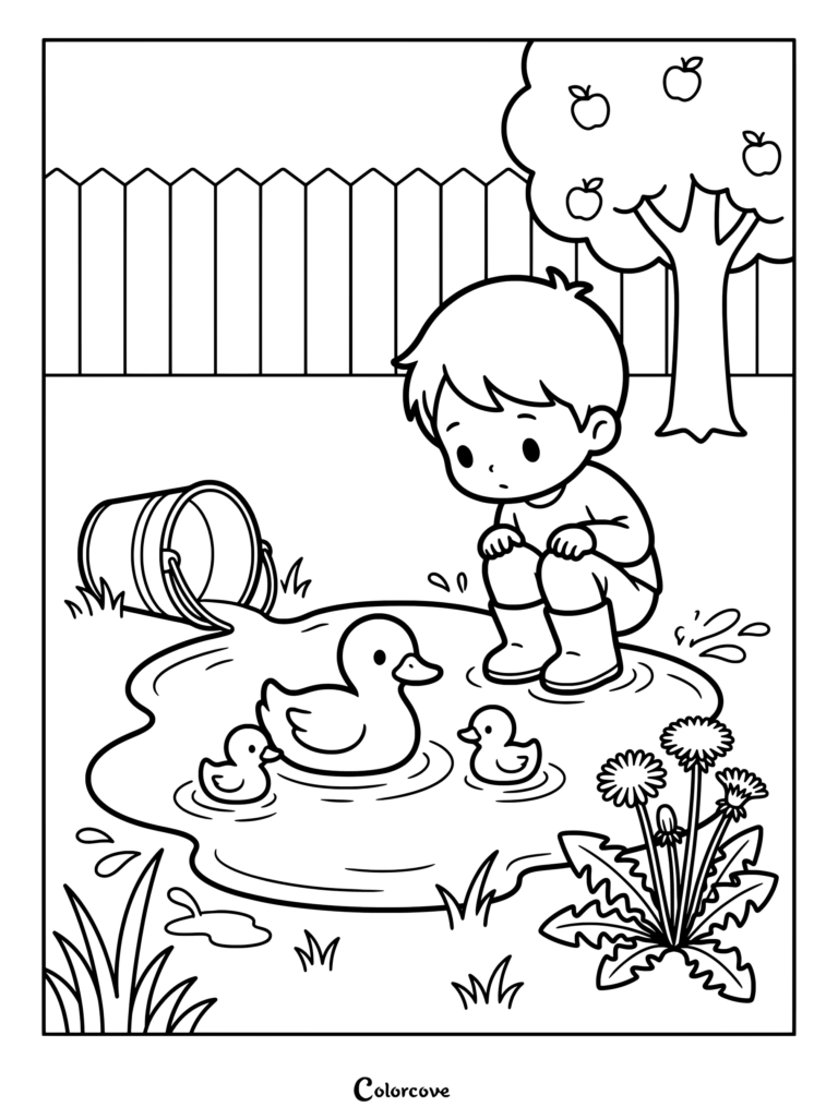 A young boy in boots crouches by a puddle watching a mother duck and two ducklings swim in this detailed coloring page.