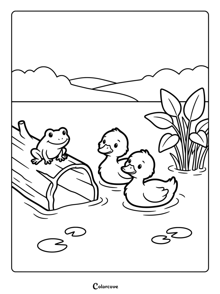 Duck and frog coloring page featuring two cute ducklings swimming near a log with a smiling frog.
