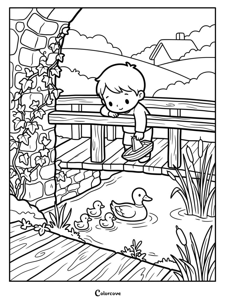 Free printable duck coloring page of a boy standing on a wooden bridge holding a toy boat above a pond with mother duck and ducklings.