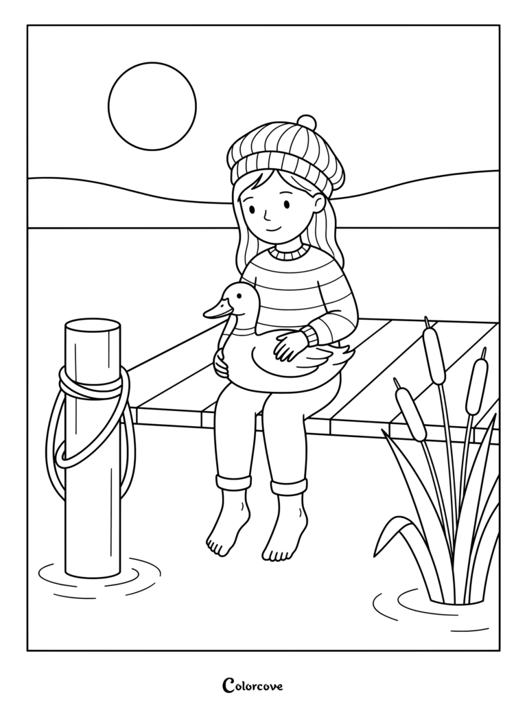 Girl wearing a striped sweater and beanie holding a duck on a wooden dock coloring page
