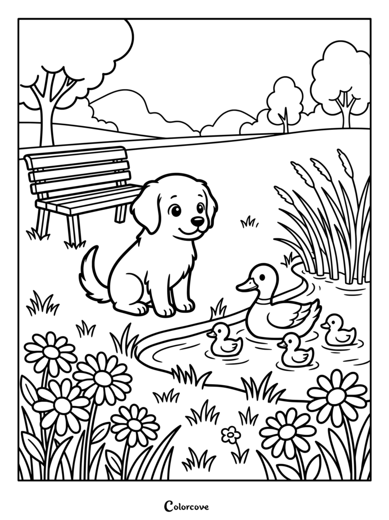 A friendly golden retriever puppy watches a mother duck and her three ducklings swimming in a park pond coloring page.